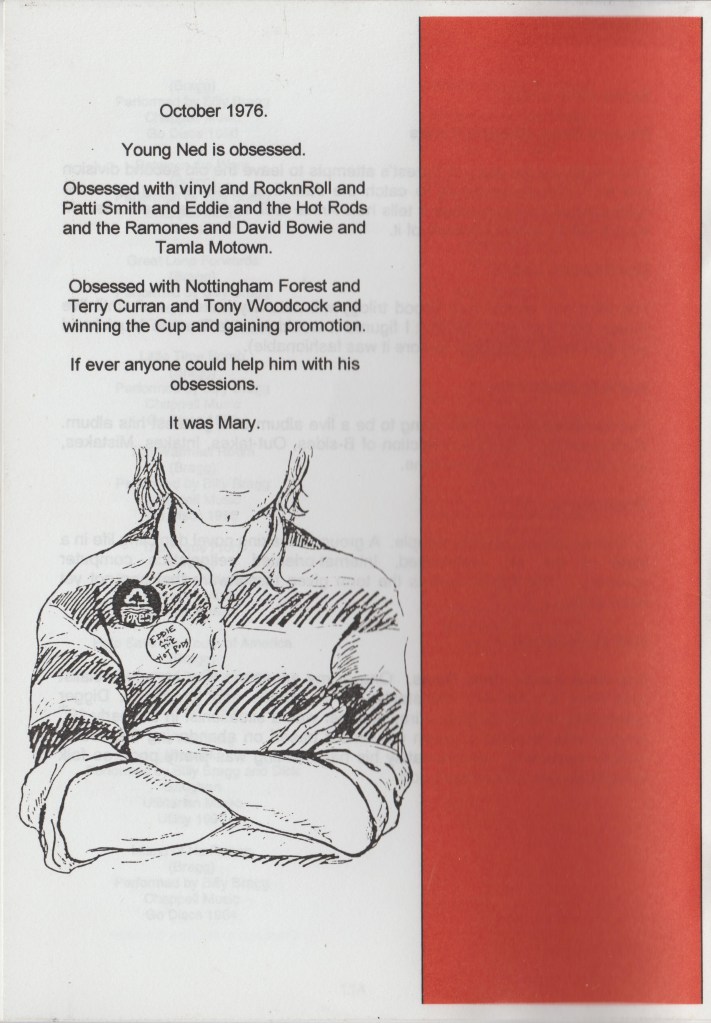 Back cover of original version of Between Marx and Marzipan, showing the outline of Ned and the wording "Young Ned is obsessed..." etc.