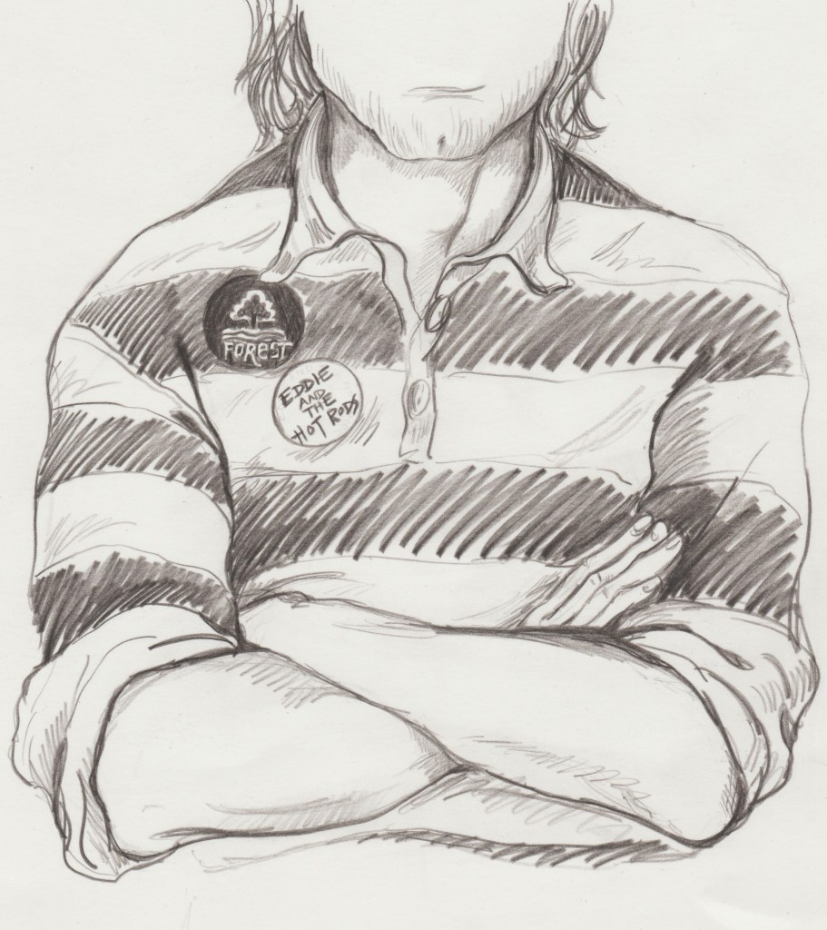 The original artwork for the back cover of Between Marx and Marzipan, showing an outline image of Ned wearing two badges: a Nottingham Forest badge and an Eddie & the Hot Rods badge.