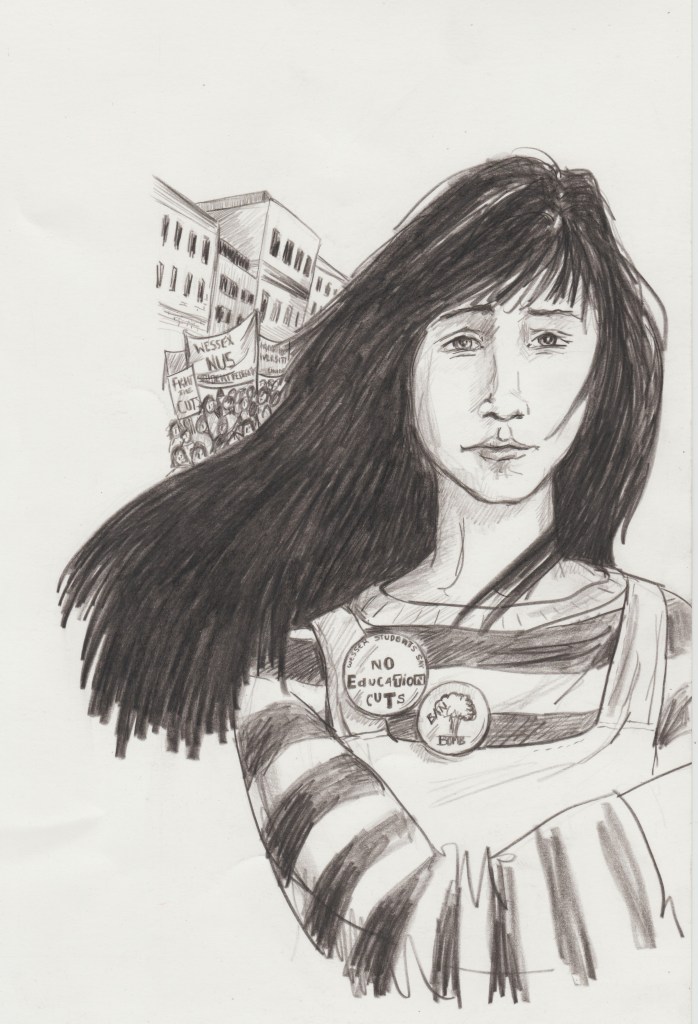 The original artwork for the front cover of 'Between Marx and Marzipan' showing Mary in the foreground and an NUS "Fight the Cuts" demo in the background.  Mary is wearing two badges: "No Education Cuts" and "Ban the Bomb".