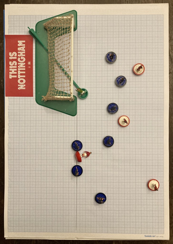 Subbuteo representation of VAR penalty decision (Morgan Gibbs-White, Nottingham Forest v Brentford).