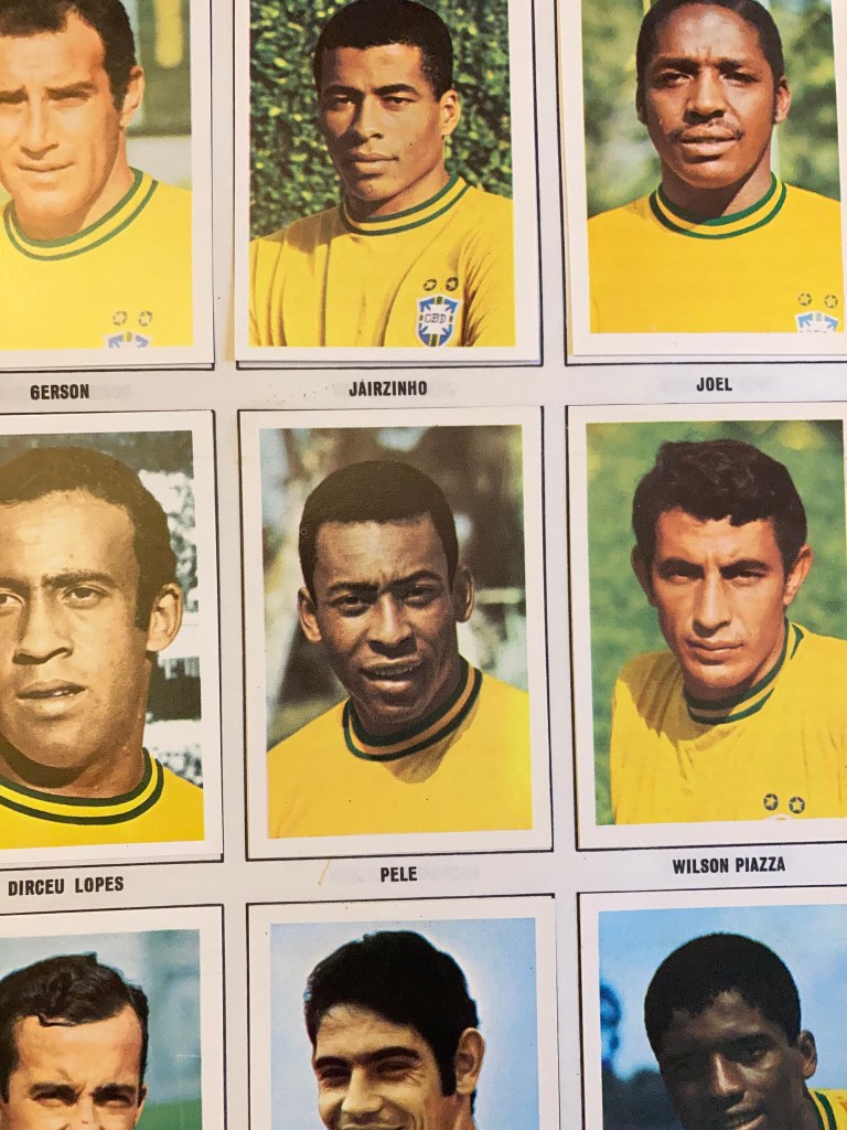 The Brazil page from the 1970 World Cup Soccer Stars sticker collection with Pele at the centre.