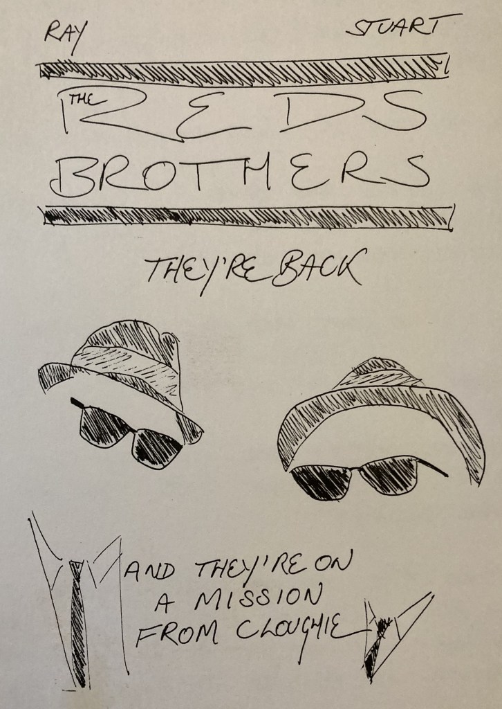 Outline image of the Reds Brothers showing suits, ties, shades, & pork pie hats.