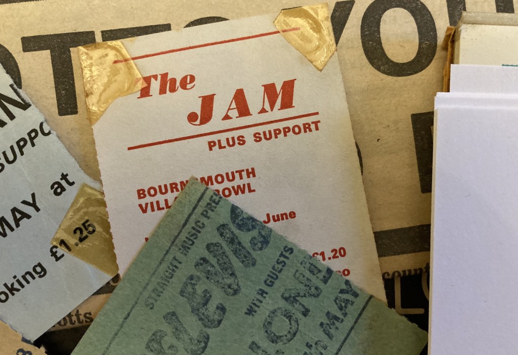Concert tickets, including The Jam at Bournemouth Village Bowl, June 1977