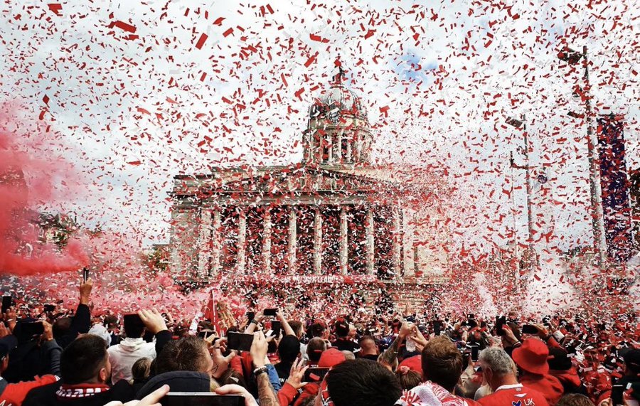 Nottingham Forest players acknowledge the crowd at Market Square, Nottingham after promotion to the Premiership, 2022.