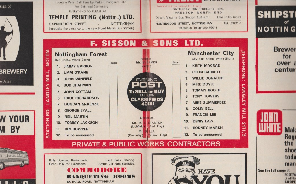 Team sheet from programme for Nottingham Forest v Manchester City, January 27th 1974.