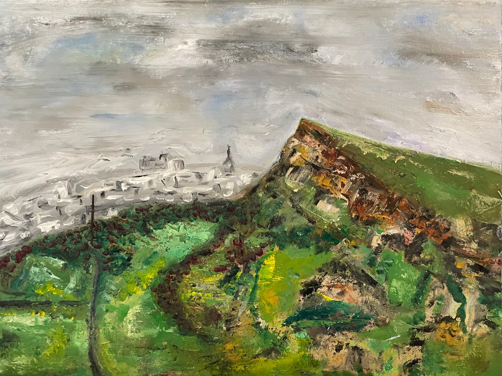 Salisbury Crags from Arthur's Seat.  Oil painting by Atento Art.
