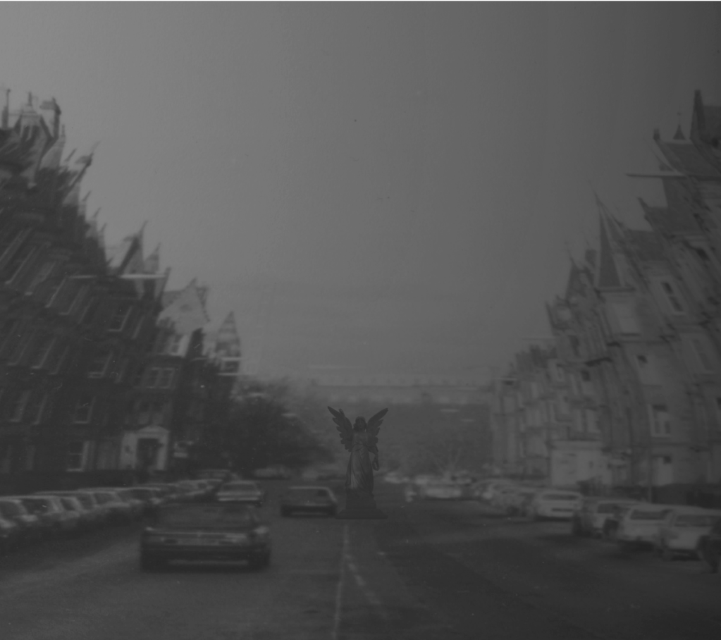Marchmont Road, Edinburgh with angel standing in the road.  