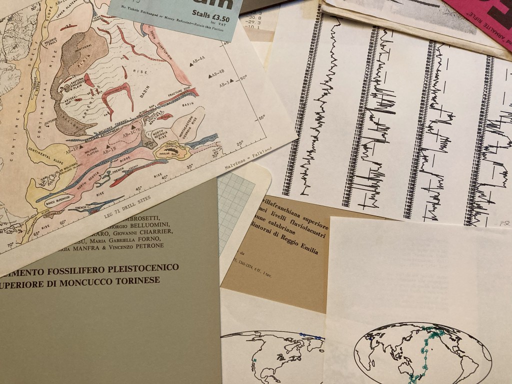 Desk top:  map of South Atlantic, plot of geomagnetic measurements, Italian research papers.