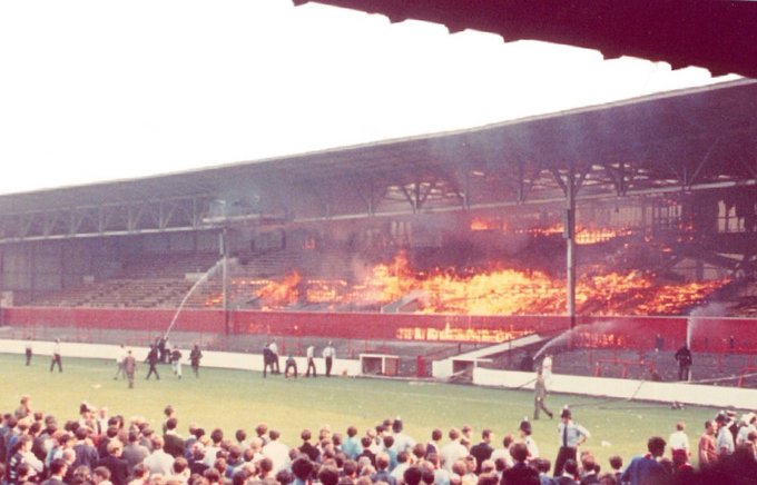Main Stand fire, City Ground, Nottingham, 1968.
