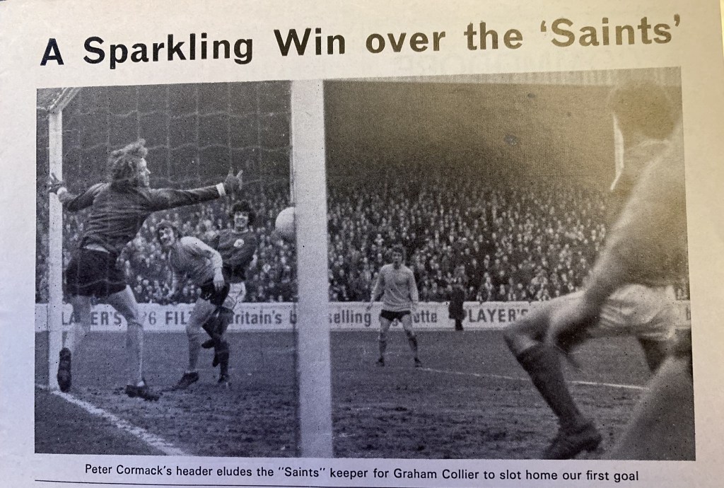 Peter Cormack providing the pass for Graham Collier to score for Nottingham Forest against Southampton.