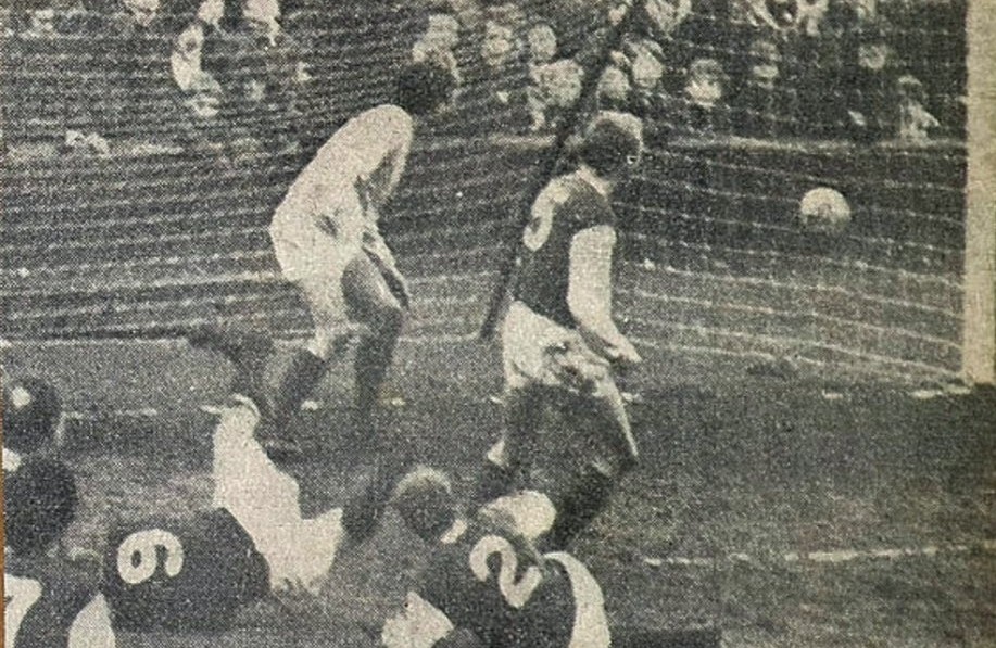 Peter Cormack in goal for Hibs.