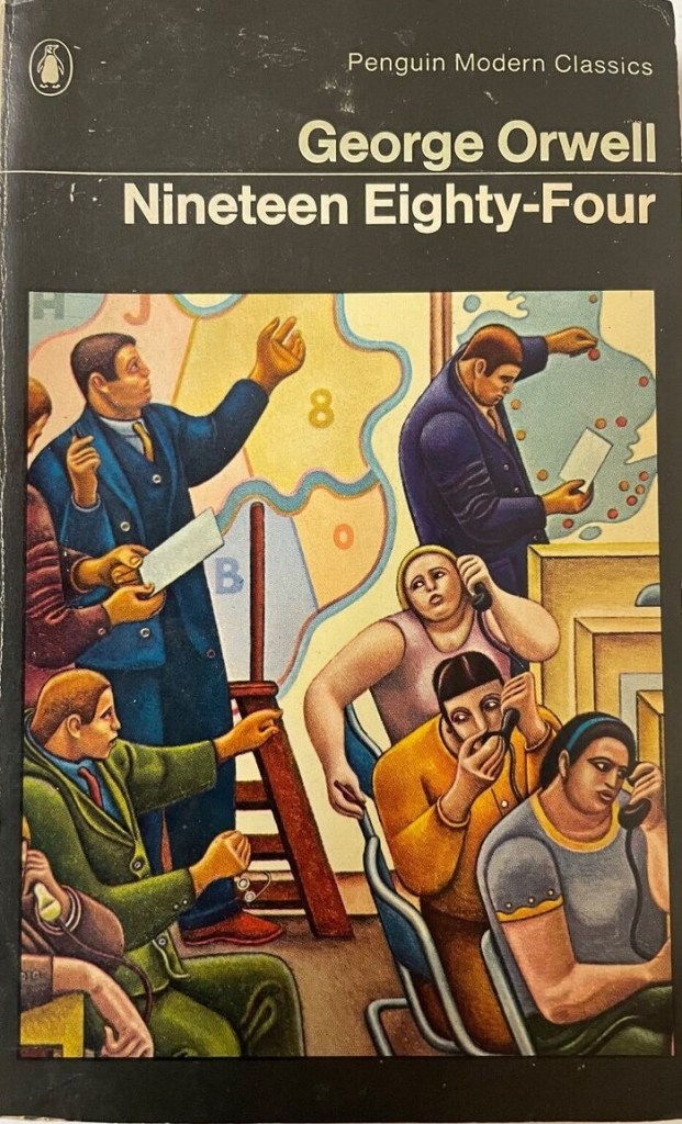 Cover, 1984 by George Orwell from c 1973 showing a government operations room.