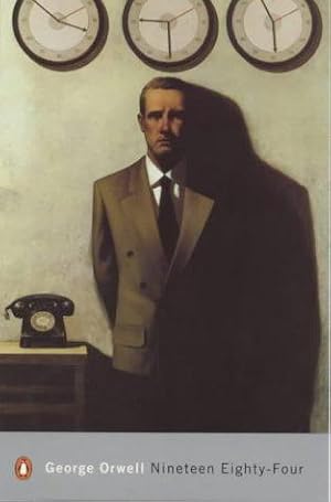 Cover of 1984 by George Orwell from c 2000 showing what appears to be a government official in front of some clocks. 