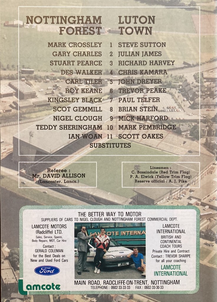 Forest v Luton programme, back cover showing teams, including Steve Sutton in goal for Luton.