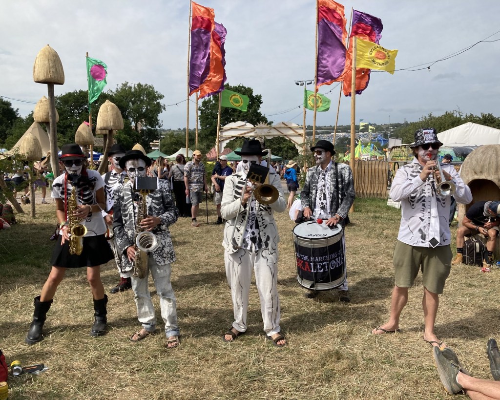 The Marching Skaletons playing at Croissant Neuf, Glastonbury