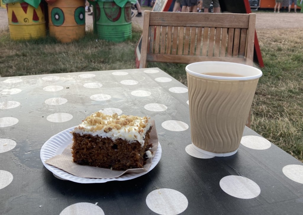 Tea and carrot cake at the Red Tea Bus, Glastonbury