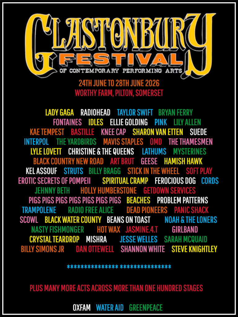 Poster for Glastonbury 2026 showing acts appearing.